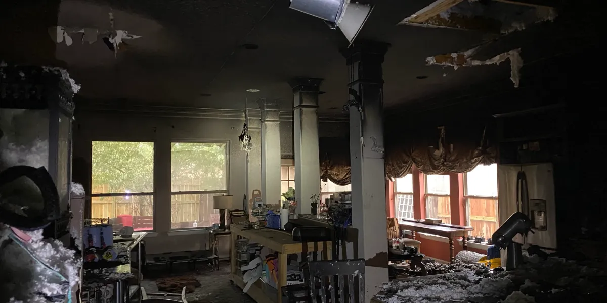 Fire and smoke damage throughout a residential interior