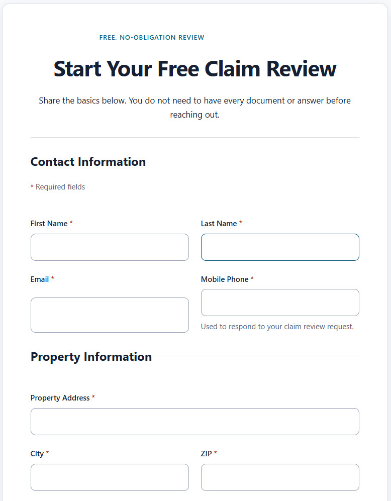 Free Claim Review form showing the mobile phone number field and other claim review form fields