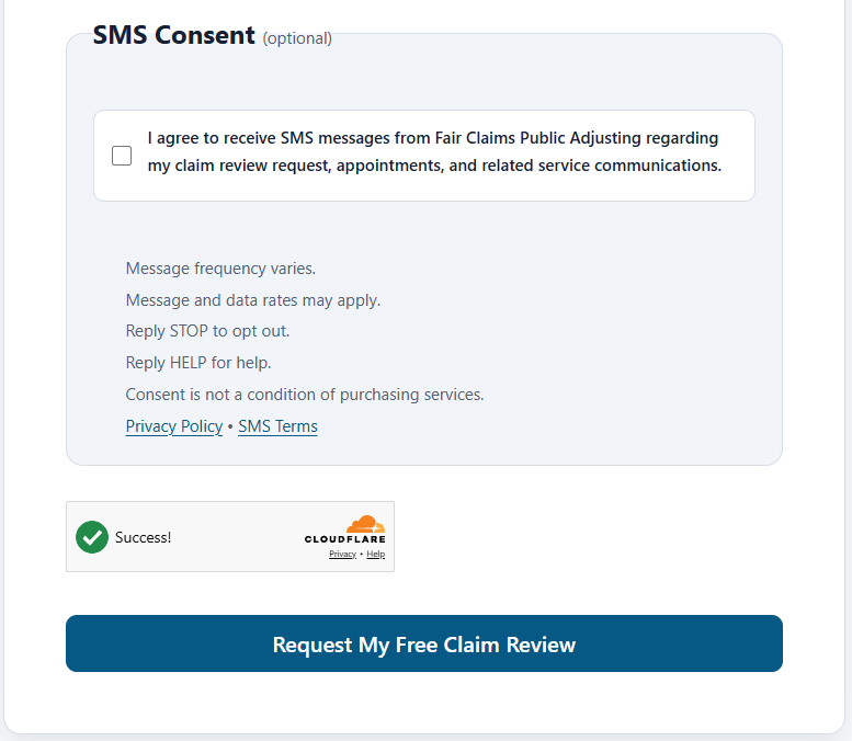 Free Claim Review form showing the optional SMS consent checkbox and full SMS disclosure language