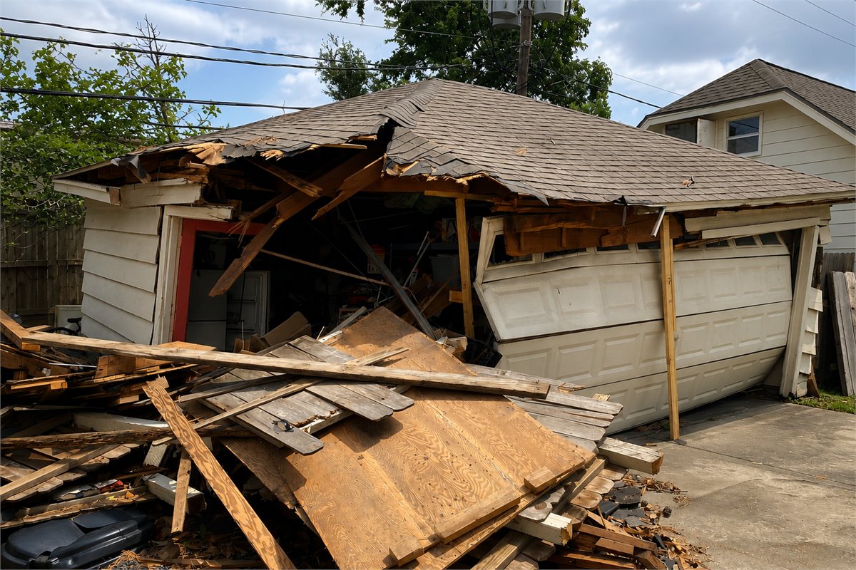 Storm damage to detached garage at a Houston home inspected during an insurance claim