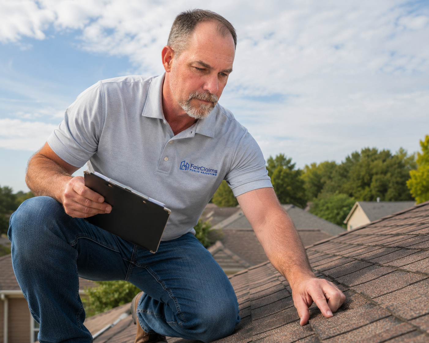 Fair Claims Public Adjusting professional inspecting roof shingles